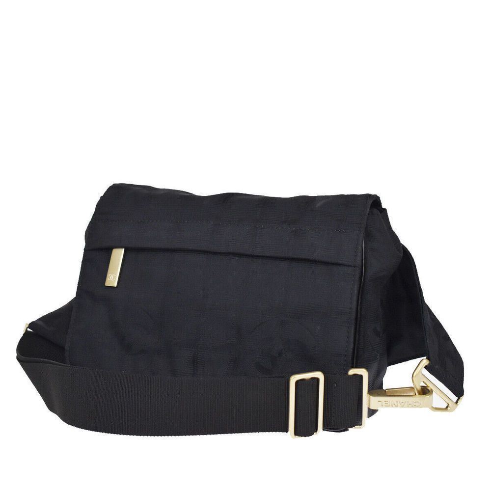 CHANEL New Travel Line Bum Body Bag Pouch Jacquard Leather Black